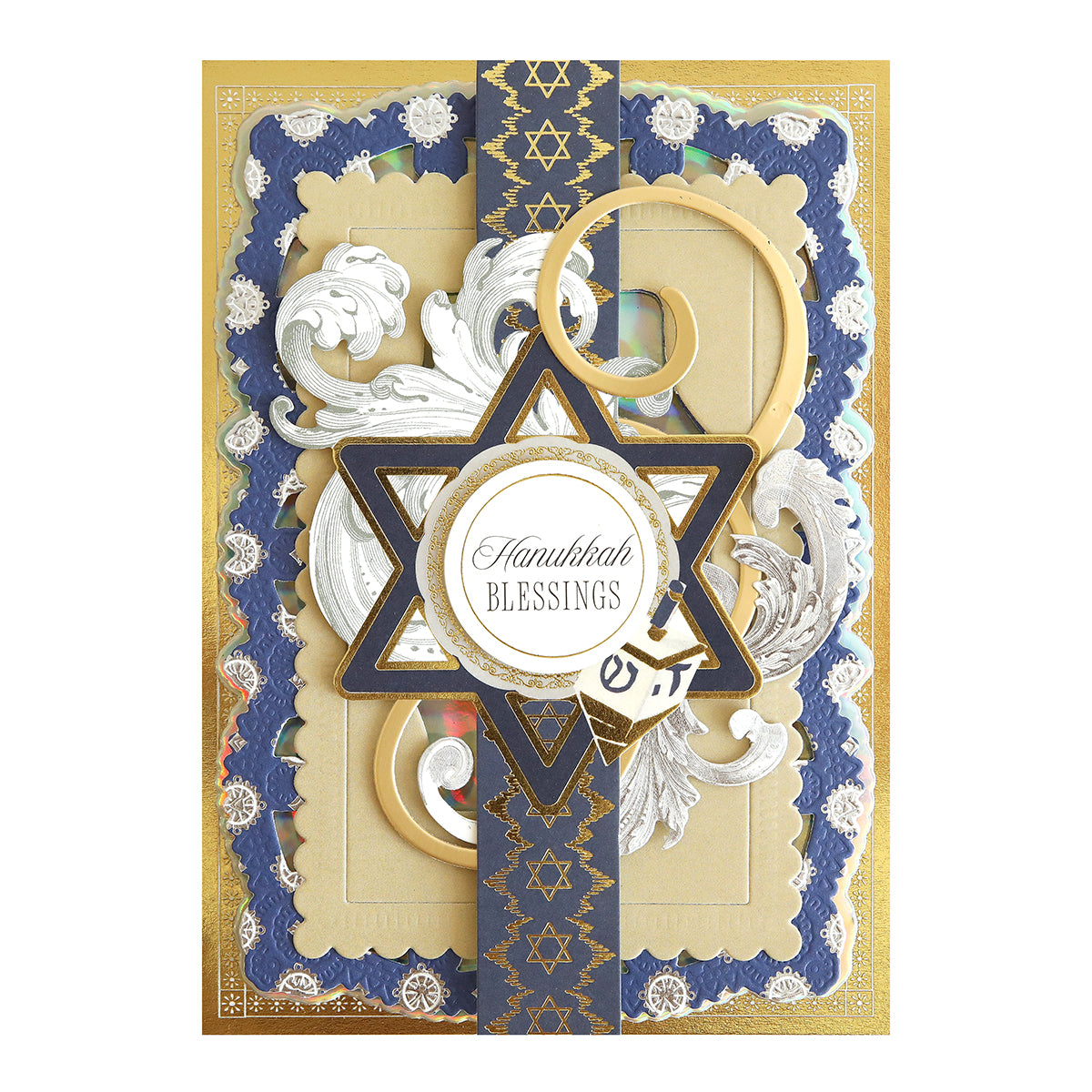 Celebrate the Festival of Lights with Hanukkah Card Toppers and Sentiments featuring a large Star of David, gold accents, ornate patterns, a dreidel, and “Hanukkah Blessings”—ideal for crafting unique Hanukkah cards.