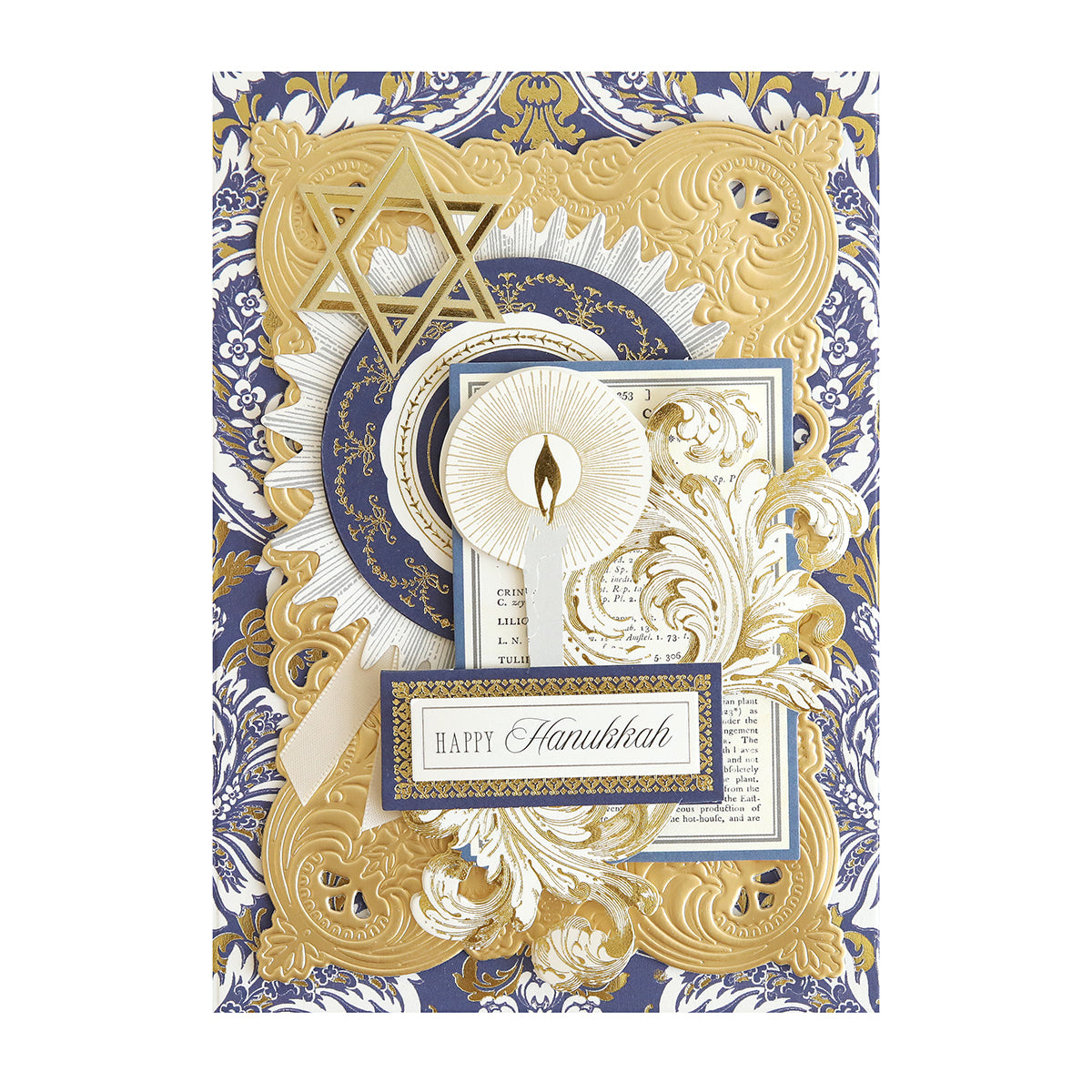 Add festive flair to your cards with Hanukkah Card Toppers and Sentiments—featuring gold and blue patterns, a Star of David, a candle, and "Happy Hanukkah"—ideal as stickers or embellishments for the Festival of Lights.