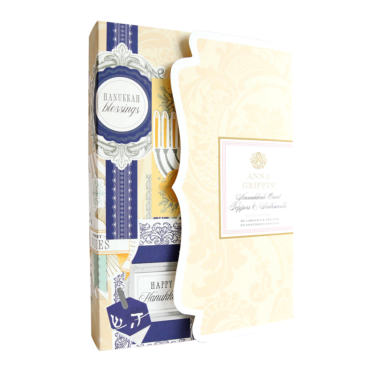 Celebrate the Festival of Lights with Hanukkah Card Toppers and Sentiments—this decorated card set in navy, gold, and cream features "Hanukkah blessings," elegant toppers, and stylish packaging.