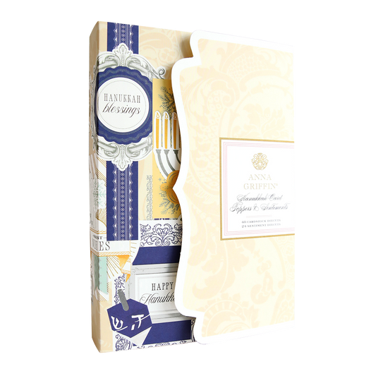 Celebrate the Festival of Lights with Hanukkah Card Toppers and Sentiments—this decorated card set in navy, gold, and cream features "Hanukkah blessings," elegant toppers, and stylish packaging.