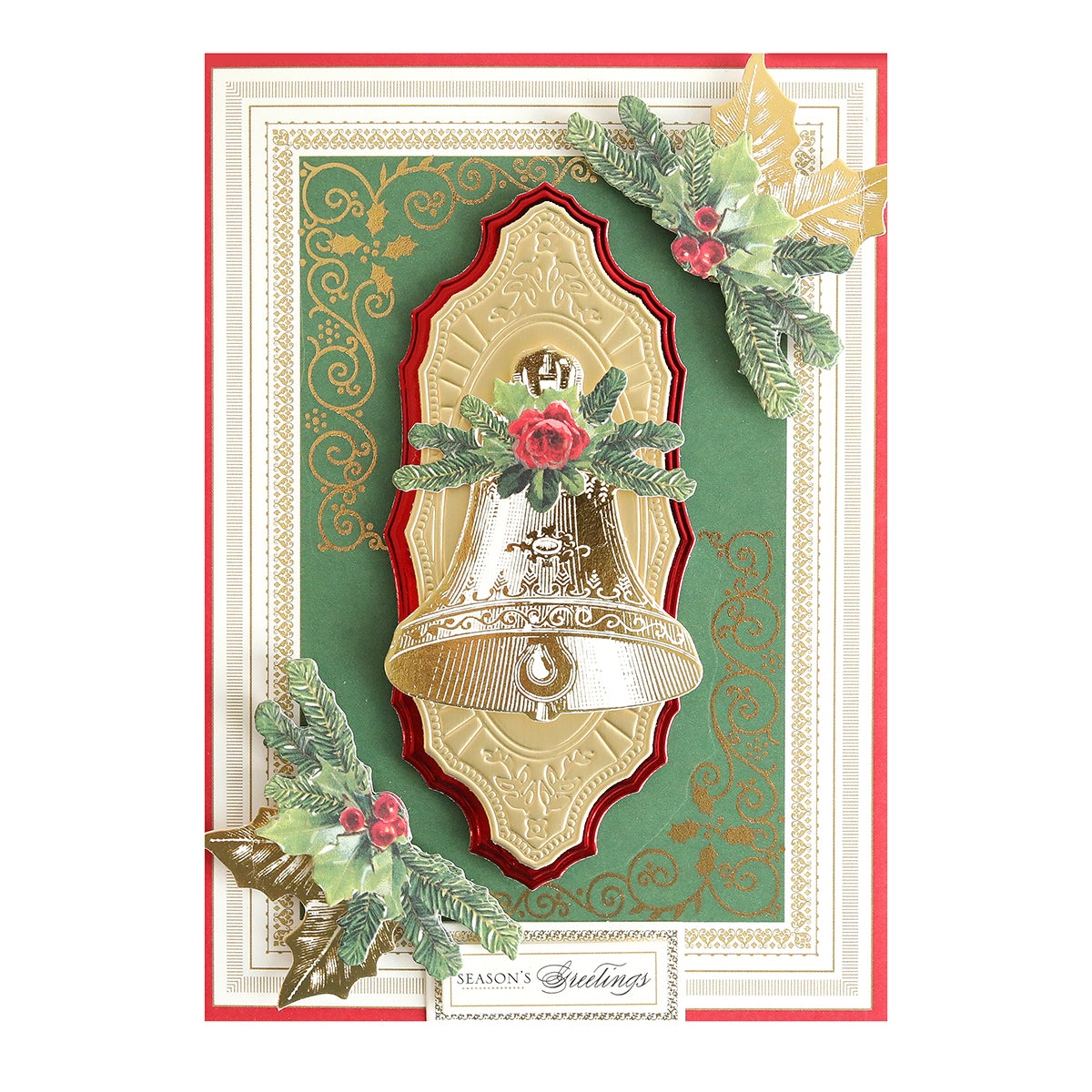 A decorative holiday greeting card with a gold bell, festive accents, and “Season’s Greetings”—perfect for pairing with Holiday Foil Rub On Transfers or your favorite crafting supplies.