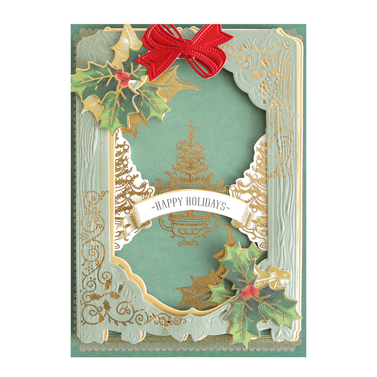 The Holiday Foil Rub On Transfers feature gold foil accents, holly details, a red bow, and a "Happy Holidays" banner on a festive green background.