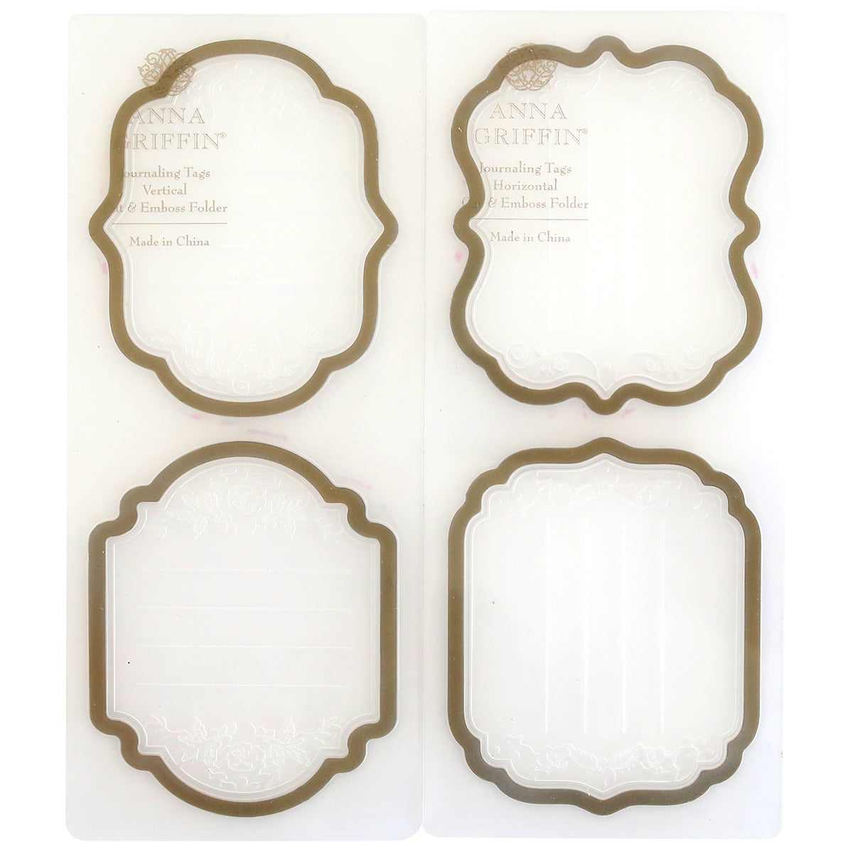 Two sets of Journaling Tags Cut and Emboss Folders on a white background.