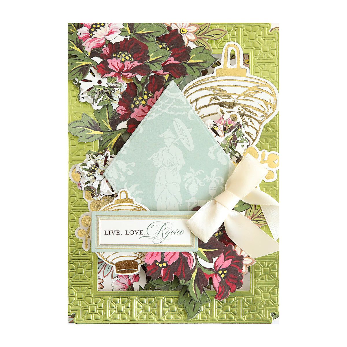 Lian Cards and Envelopes: Handmade card with floral and lantern designs, embossed green background, cream ribbon, and "LIVE. LOVE. Rejoice." label. Each set includes a matching envelope—ideal for gifting.