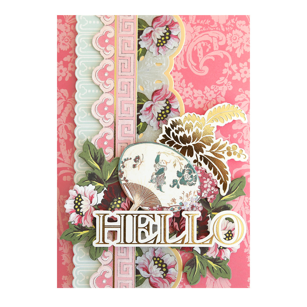 Lian Embellishments and Cards: A handmade card featuring pink floral designs, ornate trims, a paper fan illustration, bold gold-outlined "HELLO," and elegant details for a charming decorative touch.