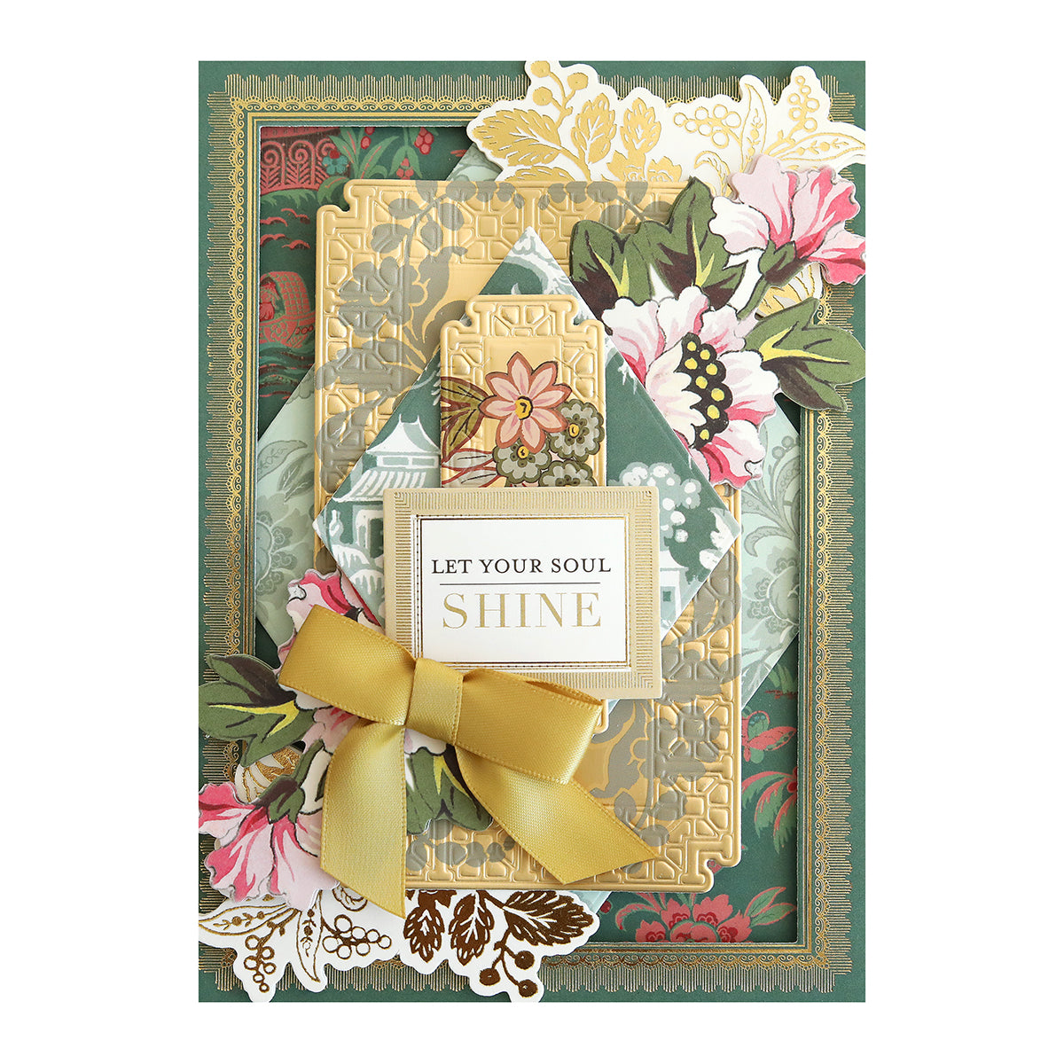 The Lian Embellishments card features gold embossing, floral 3D stickers, a gold ribbon bow, and the message "LET YOUR SOUL SHINE," making it a standout decorative greeting from the Francesca Collection.
