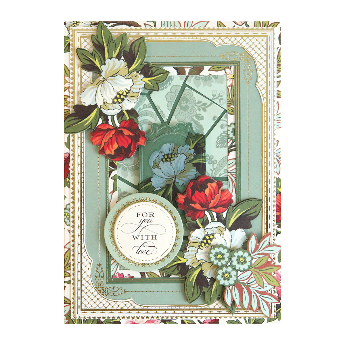 Handmade greeting card featuring floral die-cuts, geometric patterns, and a “For you with love” tag, crafted using the Lian Ultimate Papercrafting Collection with Rub On Transfers.