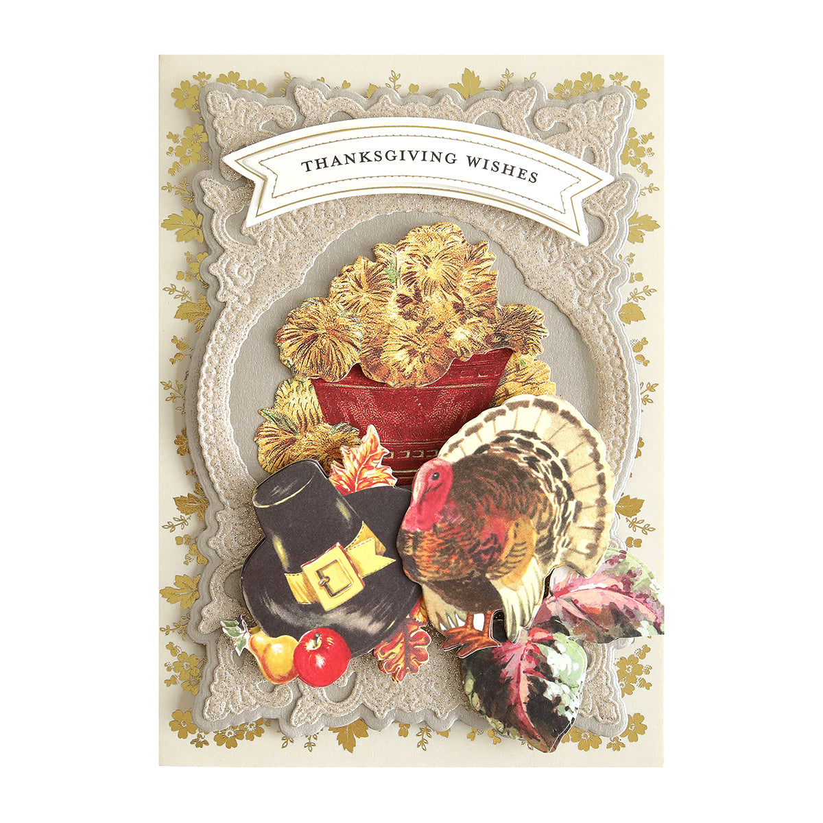 Greeting card on Luxury Glitter Cardstock with “Thanksgiving Wishes,” featuring a turkey, pilgrim hat, harvest crops, and autumn accents in gold and silver.