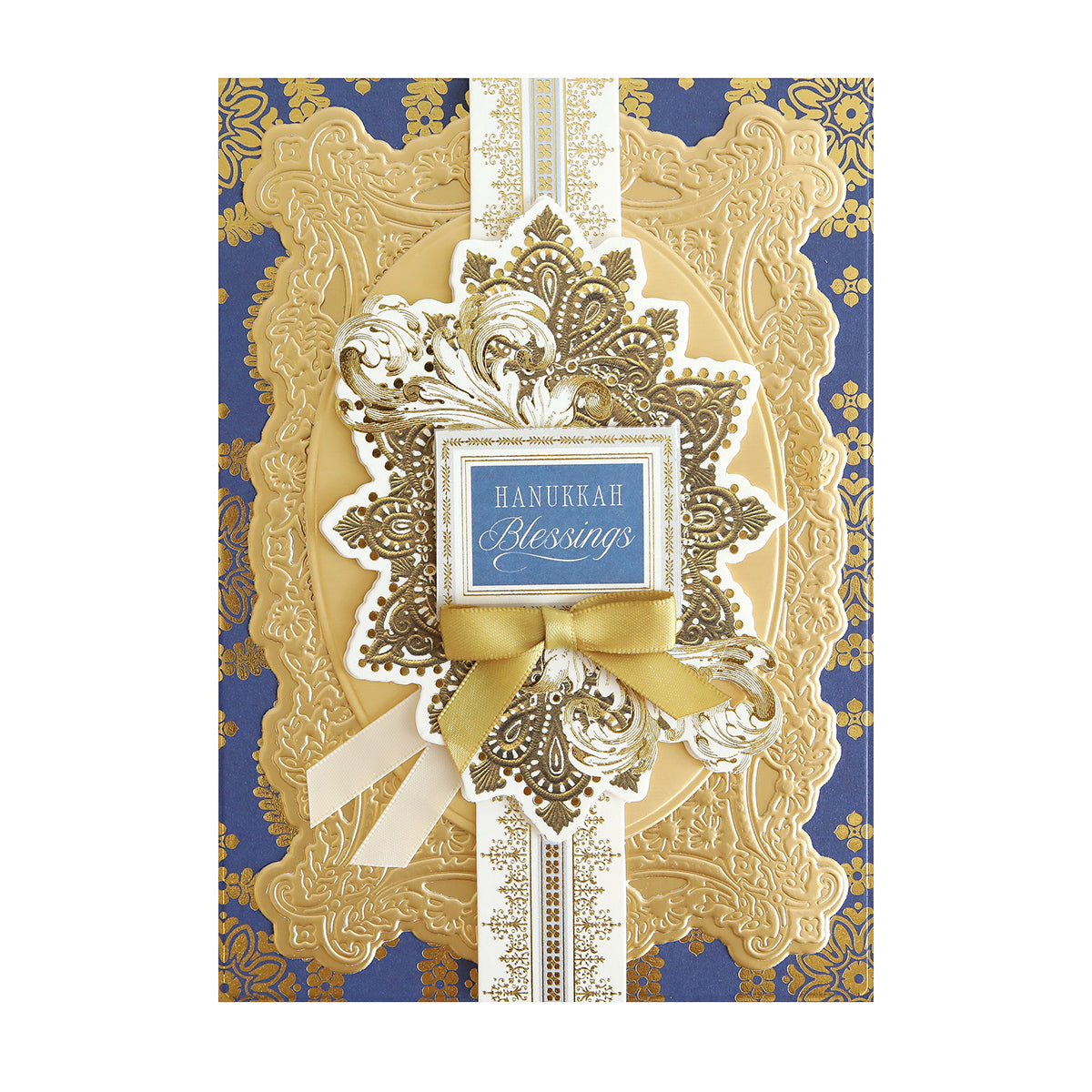 The Luxury Luster Foil Cardstock Hanukkah card features gold embossed patterns, a ribbon, and a “Hanukkah Blessings” label on an elegant blue and gold background—ideal for holiday crafts and festive greetings.
