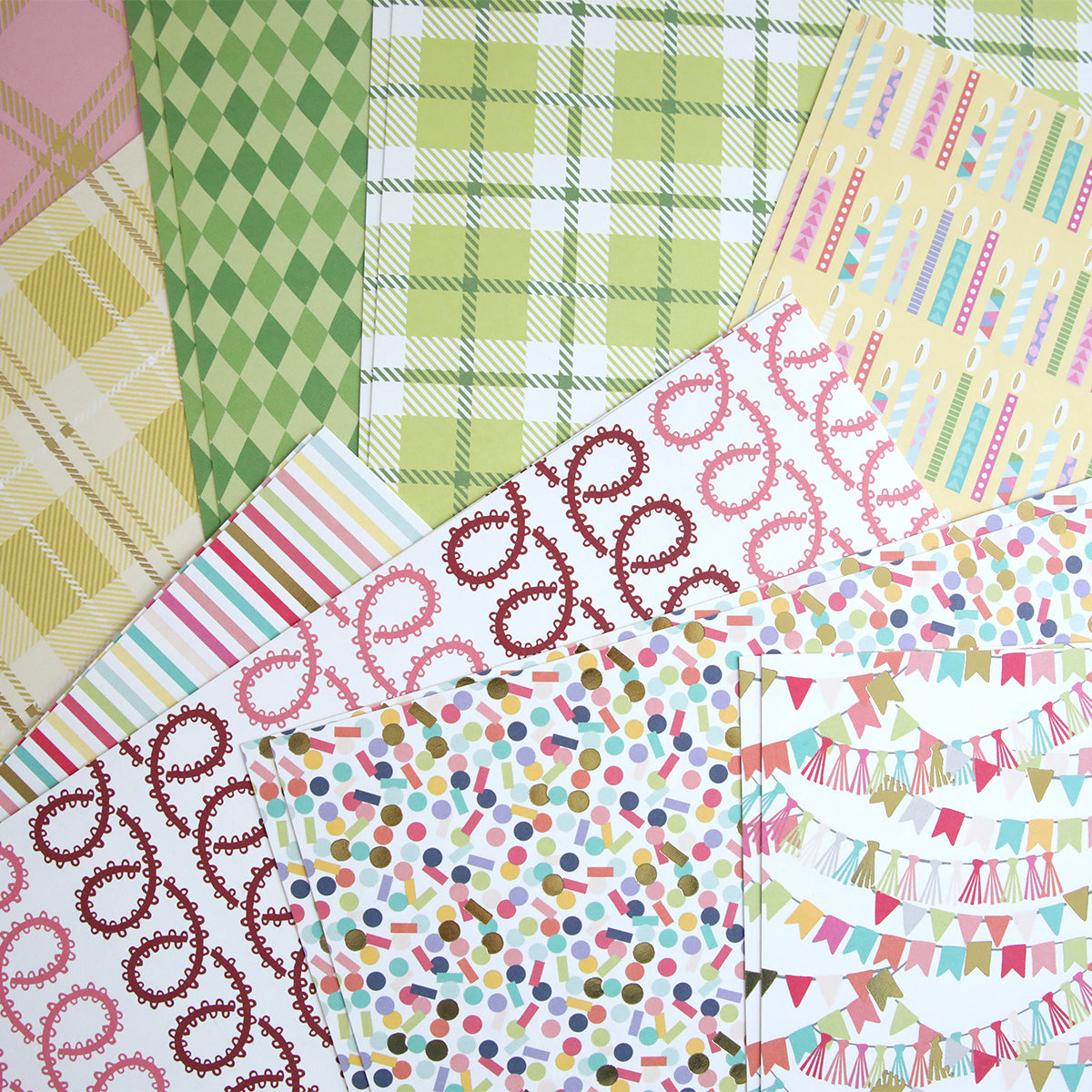 Mystery Birthday 12x12 Cardstock includes colorful patterned sheets with plaid, stripes, polka dots, candy canes, swirls, and bunting designs—ideal for birthday crafting projects.