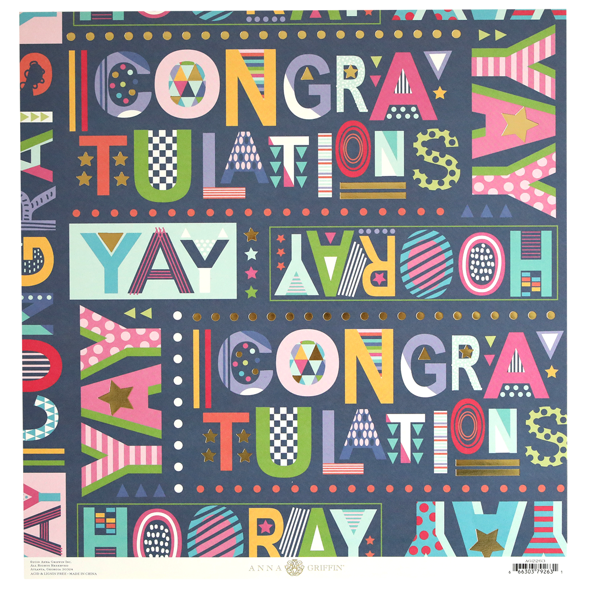 Bright, geometric letters spell "Congratulations," "Yay," and "Hooray" in playful styles on a dark background—ideal for birthday crafts with Mystery Birthday 12x12 Cardstock.