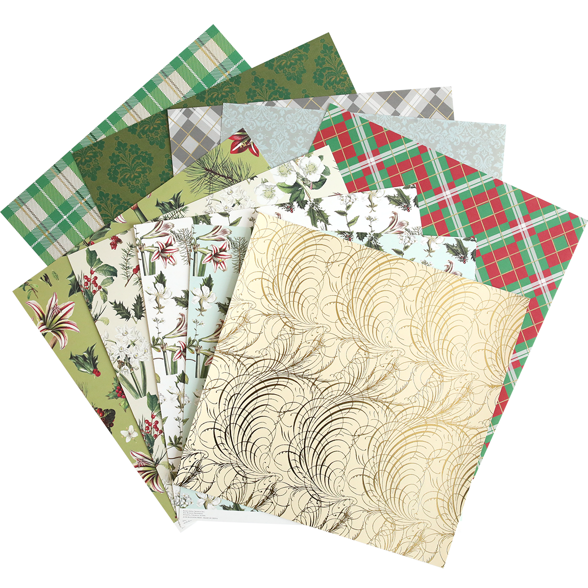 The Mystery Christmas 12x12 Cardstock features high-quality sheets with florals, plaids, and gold swirls on cream—ideal for festive crafting projects.