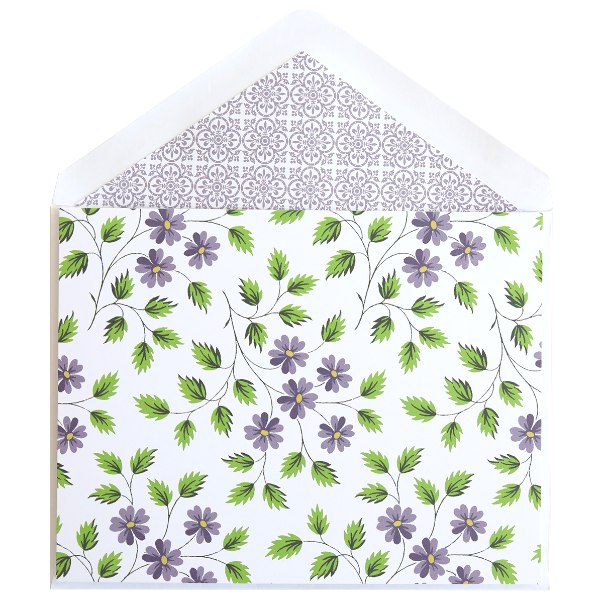 An open envelope with an Astrid Purple Flowers Blank Notecard on the inside and a foil accent.