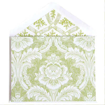 A Phoebe Green Damask Blank Notecard with a green and white damask pattern.