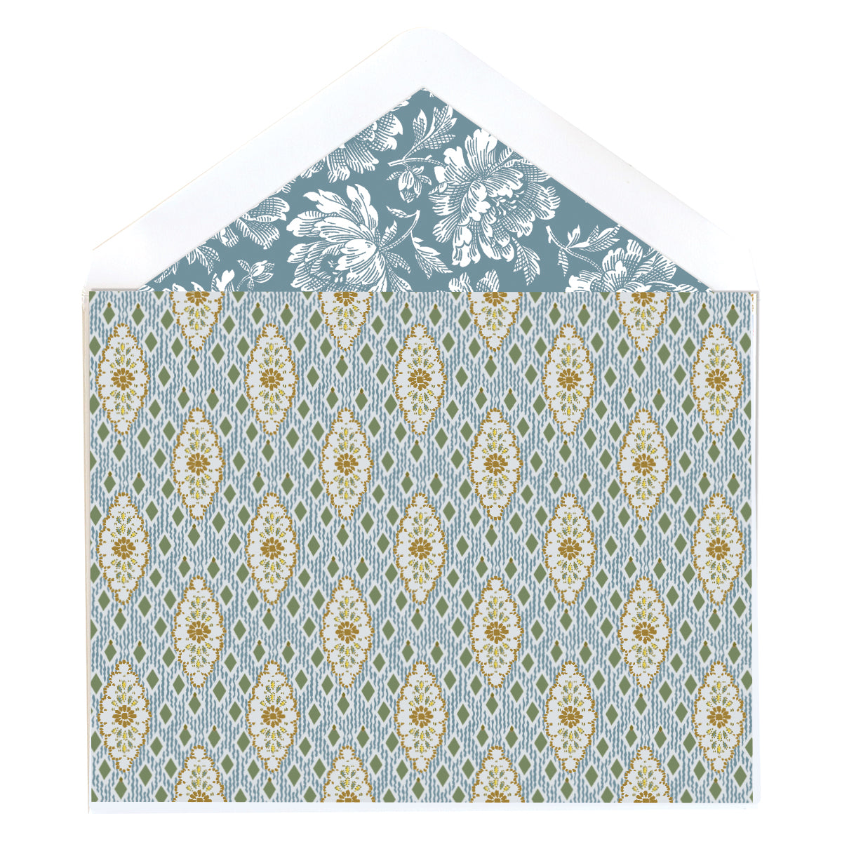The Blue Harlequin Note Cards feature folded cards paired with envelopes that have a floral interior design. The exterior displays gold and light blue floral motifs on a blue geometric background.