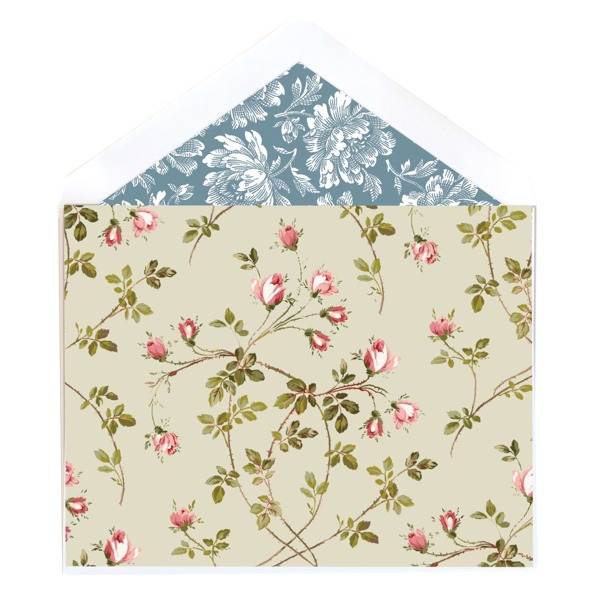 The Small Flowers Note Cards feature an open envelope with a pink floral and green leaf exterior, while the lined interior boasts a blue background with white floral patterns.