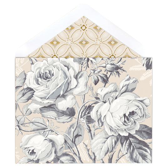 The Faded Rose Note Cards come with a floral-patterned envelope featuring an open flap and gold geometric design, perfectly fitting 5.5″ x 4.25″ folded cards. This elegant lined envelope adds a sophisticated touch to your correspondence.