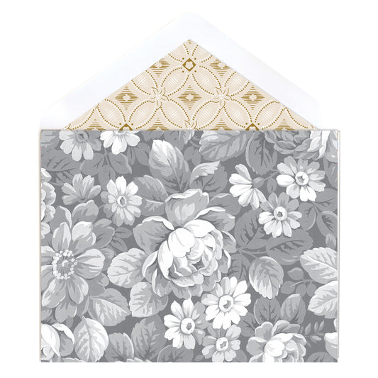 The Grey Roses Note Cards feature envelopes with a black and white floral design and a geometric gold interior, perfectly complementing the folded cards to enhance your correspondence.