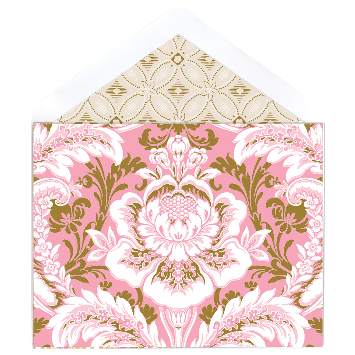 The Pink Damask Foil Note Cards feature a floral pink, white, and green design with a foil accent and a gold geometric pattern inside the flap.