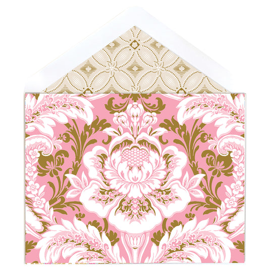 The Pink Damask Foil Note Cards feature a floral pink, white, and green design with a foil accent and a gold geometric pattern inside the flap.