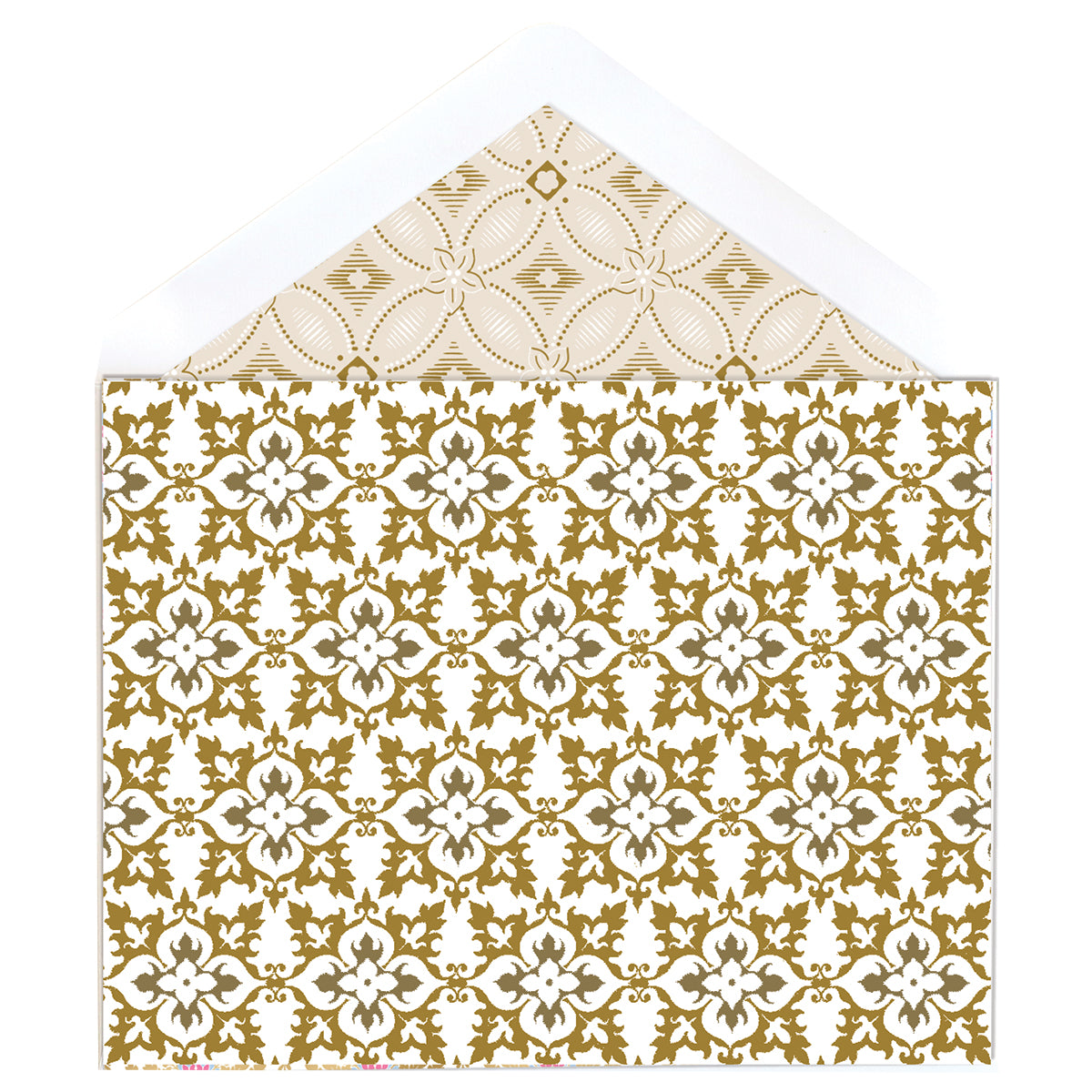 Gold Patterns Note Cards include ornate envelopes with a gold and white floral design, featuring an elegant foil-accented pattern and a matching liner.