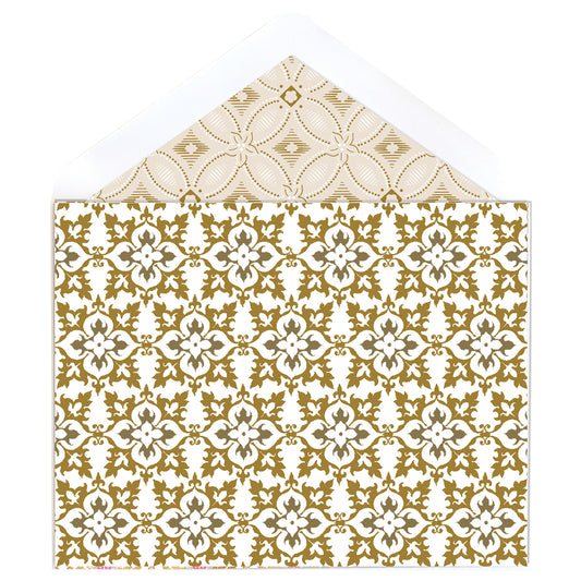 Gold Patterns Note Cards include ornate envelopes with a gold and white floral design, featuring an elegant foil-accented pattern and a matching liner.