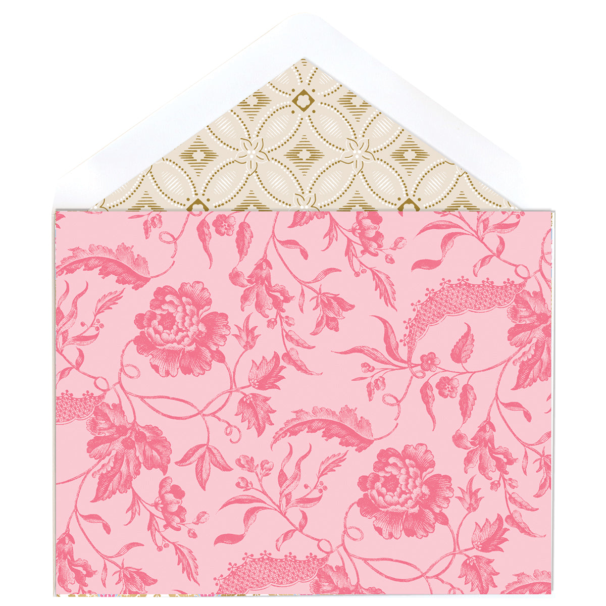 The Pink Climbing Rose Note Cards feature pink floral-patterned envelopes with a foil accent and partially visible gold and white patterned liners.