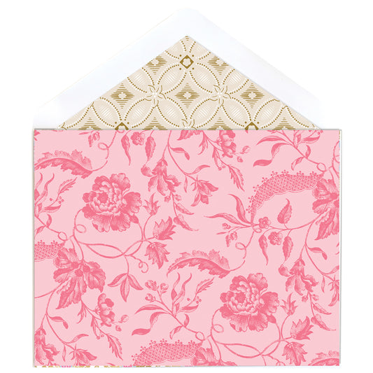 The Pink Climbing Rose Note Cards feature pink floral-patterned envelopes with a foil accent and partially visible gold and white patterned liners.