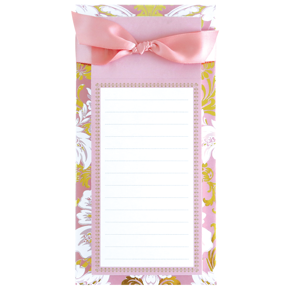 The Pink Damask List Pad is ideal for organizing tasks, featuring lined pages with a pink ribbon top and a pink-gold floral border.