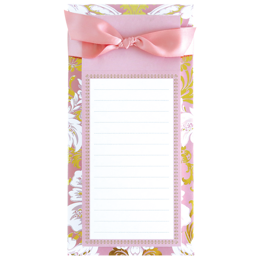 The Pink Damask List Pad is ideal for organizing tasks, featuring lined pages with a pink ribbon top and a pink-gold floral border.