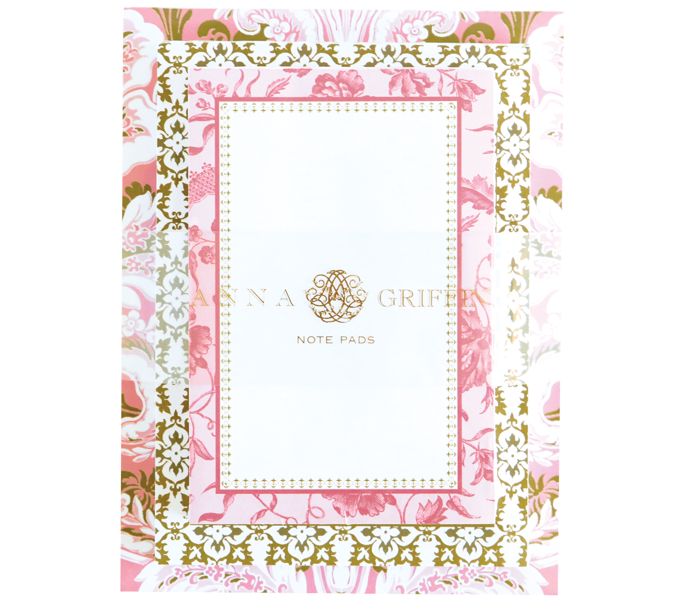 The Pink Damask Note Pad Set features a large floral pad with "Anna Griffin Note Pads" in gold lettering. With 300 sheets of white space surrounded by ornate pink, green, and gold borders, it combines practicality with elegance.