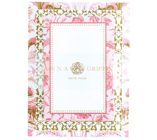 The Pink Damask Note Pad Set features a large floral pad with "Anna Griffin Note Pads" in gold lettering. With 300 sheets of white space surrounded by ornate pink, green, and gold borders, it combines practicality with elegance.