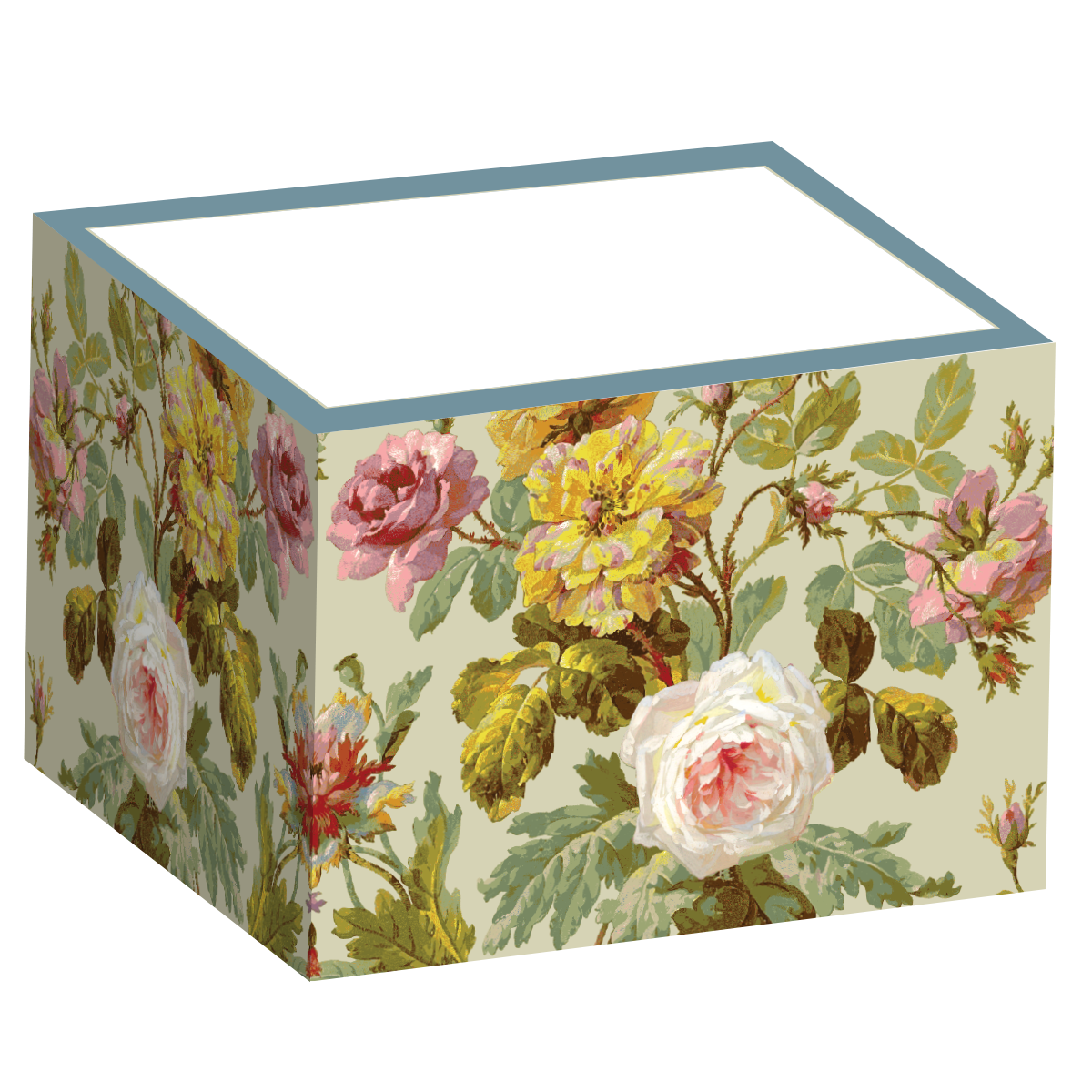 The Francesca Notepad Block features an elegant floral design of roses and leaves in pink, yellow, and green shades on a crisp white background.