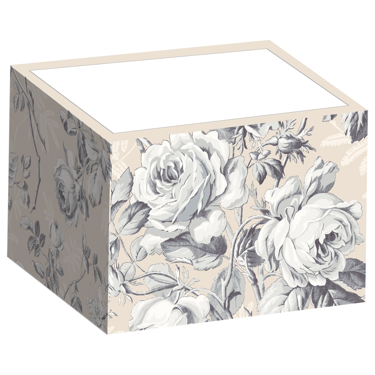 The Faded Rose Notepad Block is a cube featuring grayscale roses and leaves on a beige background.