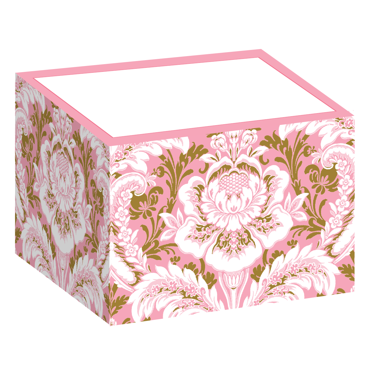 The Pink Damask Notepad Block is a decorative pink box with a floral design featuring large, intricate white and gold flower patterns reminiscent of damask. It has a plain white top and can hold sticky note sheets inside.