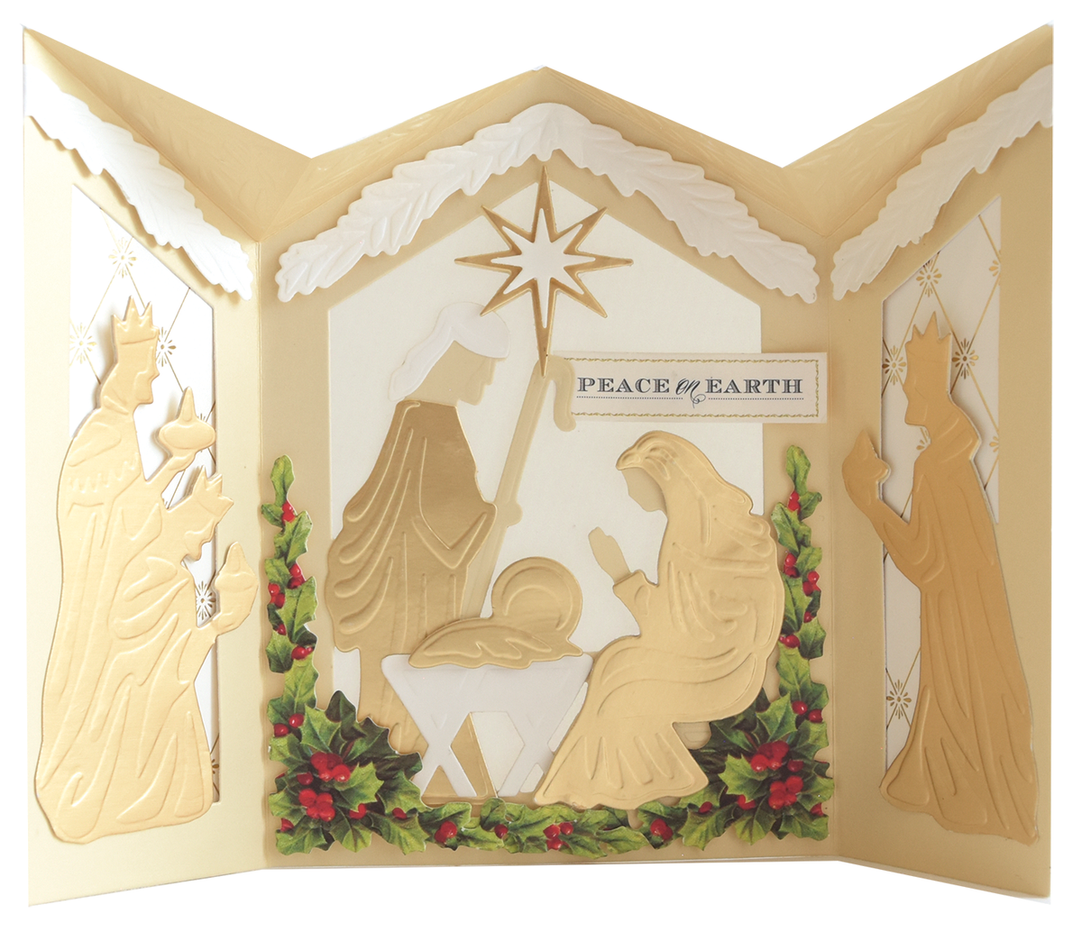 A Nativity Scenes Die Set Collection tri-fold shutter card featuring Joseph, Mary, Jesus, three wise men, a star, holly, and the text “PEACE ON EARTH.”