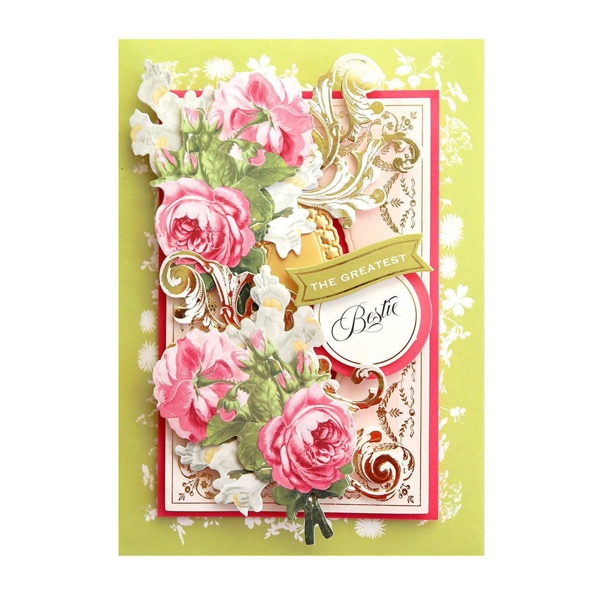 A handmade greeting card with pink roses and Nearest and Dearest stickers on a green background.