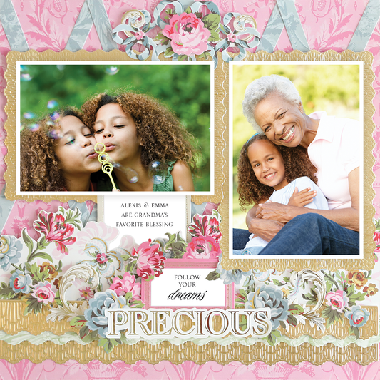 The 12x12 Scrapbook Page Phoebe Memo Board Left shows two young girls blowing bubbles in one photo and a girl sitting with an older woman, both smiling, in another. Floral decorations and the word "Precious" adorn the bottom.