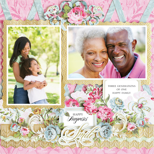 A 12x12 Scrapbook Page Phoebe Memo Board Right features a collage of a woman hugging a girl outdoors, an older couple smiling, and a card reading "Three generations of one happy family" on a floral background.