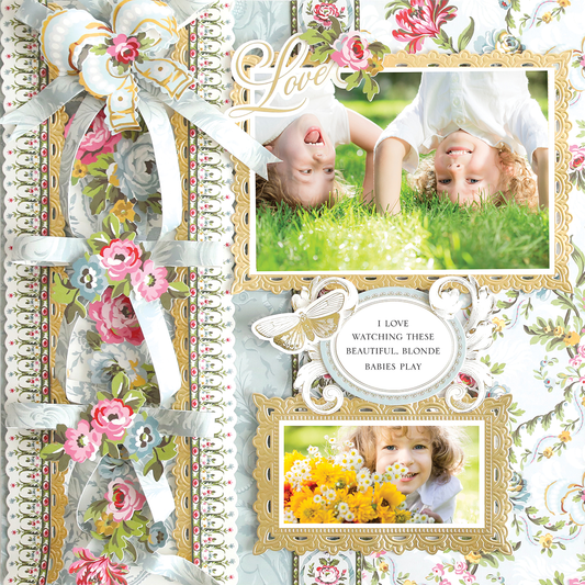 The 12x12 Scrapbook Page Phoebe Paper Bow Left features floral patterns, white bows, and framed photos of smiling blonde children playing with flowers.