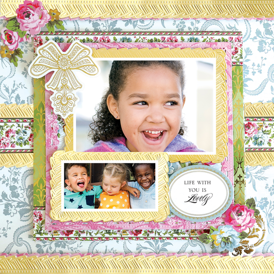The "12x12 Scrapbook Page Phoebe Stacked Frames Left" showcases floral decor, smiling children’s photos, and the phrase "Life with you is lovely" in a decorative frame.
