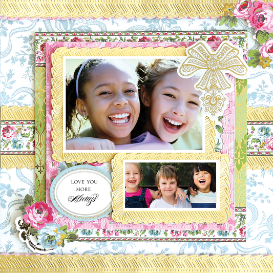 The 12x12 Scrapbook Page Phoebe Stacked Frames Right showcases two smiling children, floral patterns, a gold bow, and a "LOVE YOU MORE Always" plaque.