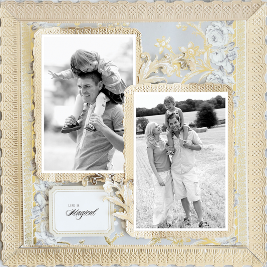 The 12x12 Scrapbook Page Faded Rose Gilded Frames Right showcases two black-and-white family photos—one of a father carrying his child, another of both parents in a field—with the caption "Life is Magical." Perfect for archival display.