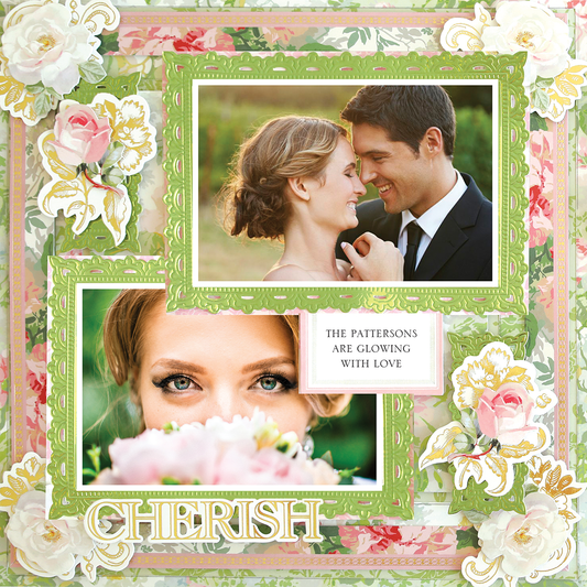 The 12x12 Scrapbook Page Virginia Floral Collage Left features a photorealistic couple embracing, a close-up of a woman with flowers, plus the text “THE PATTERSONS ARE GLOWING WITH LOVE” and “CHERISH.”.