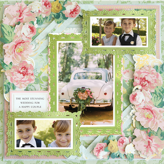 The 12x12 Scrapbook Page Virginia Floral Collage Right features floral decorations, framed photos of two formally dressed children, and a vintage car adorned with a "Just Married" sign.