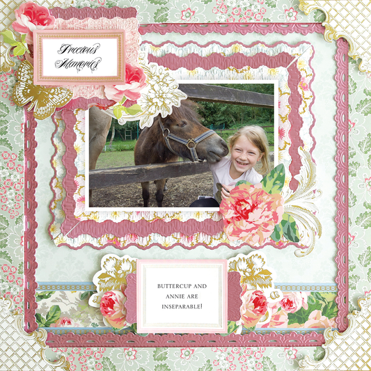 A smiling child stands by a brown horse behind a wooden fence, surrounded by floral accents and realistic paper crafting on the “12x12 Scrapbook Page Virginia Scallop Border Left,” captioned "BUTTERCUP AND ANNIE ARE INSEPARABLE!.