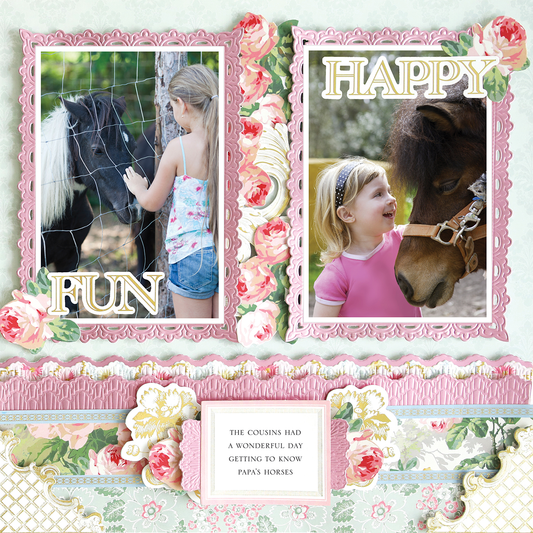 The 12x12 Scrapbook Page Virginia Scallop Border Right features two photos of young girls with horses, “FUN” and “HAPPY” text, floral patterns, and a scalloped right border design.