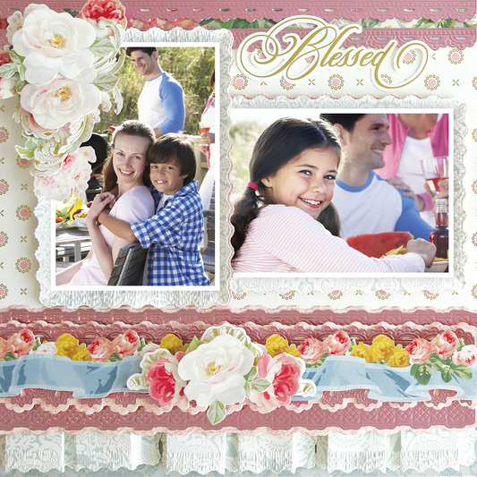 The "12x12 Scrapbook Page Virginia Ruffle Border Left" is a photorealistic floral digital scrapbook page with two photos—a smiling woman and boy hugging, and a girl with a man in the background—and "Blessed" at the top.