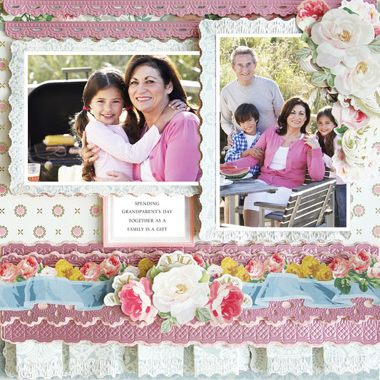 The 12x12 Scrapbook Page Virginia Ruffle Border Right features a woman with a girl in one photo, and the pair joined by a man and two boys in another, all decorated with floral, lace accents, and a Grandparents' Day note.