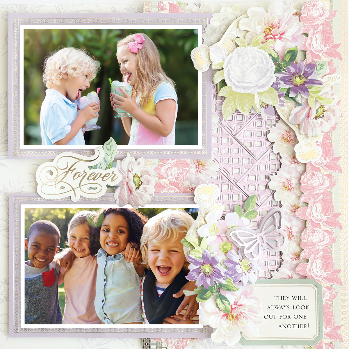 Two children share drinks and smile in the top photo; four children stand together and smile outdoors in the bottom, all framed by floral and butterfly décor on the 12x12 Scrapbook Page Antique Botanical Floral Left.